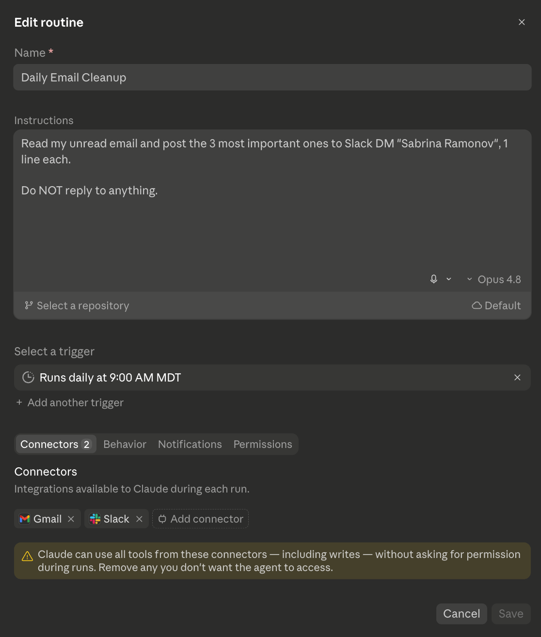 Routine Claude Code analysant Gmail et envoyant les e-mails importants dans Slack.