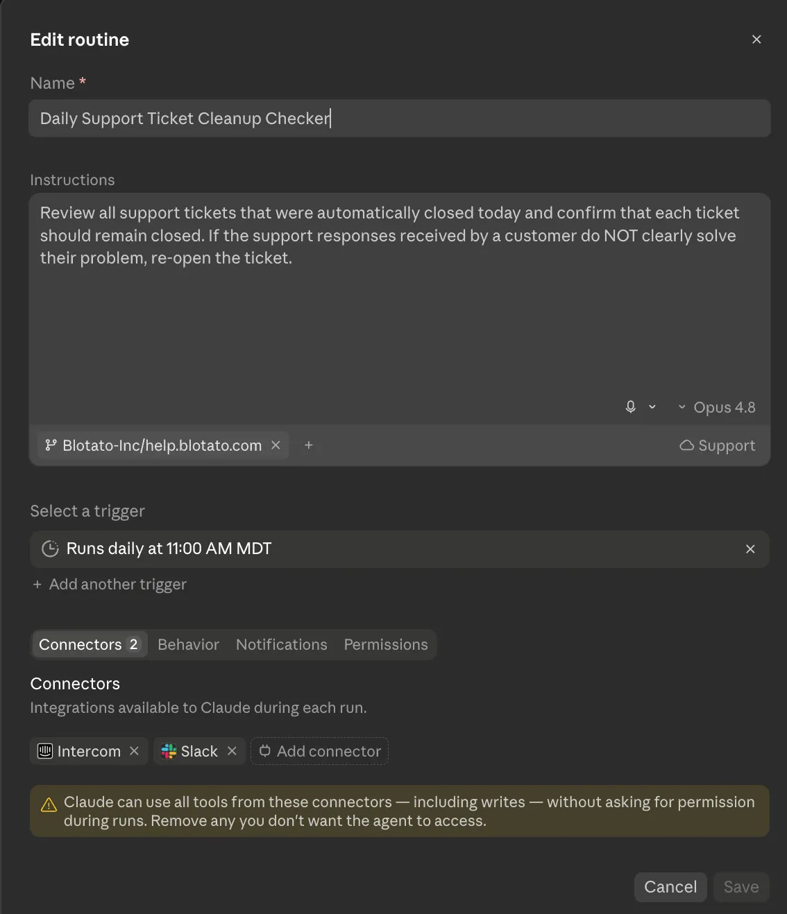 Routine Claude Code contrôleur des tickets de support